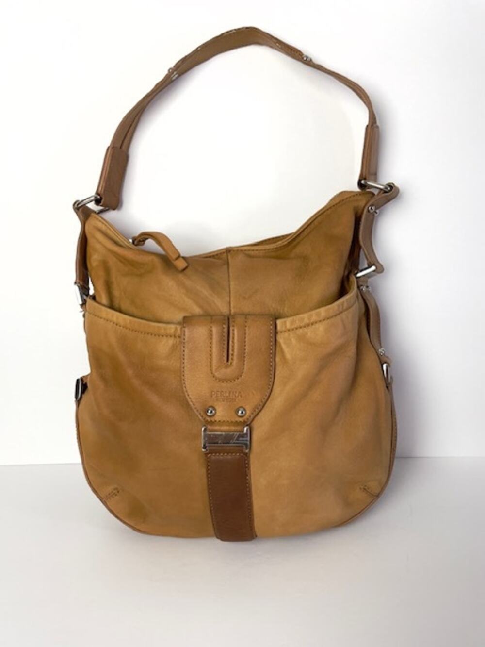 Perlina New York Vintage Tan Leather Hobo Bag Studded Shoulder Purse Slouchy